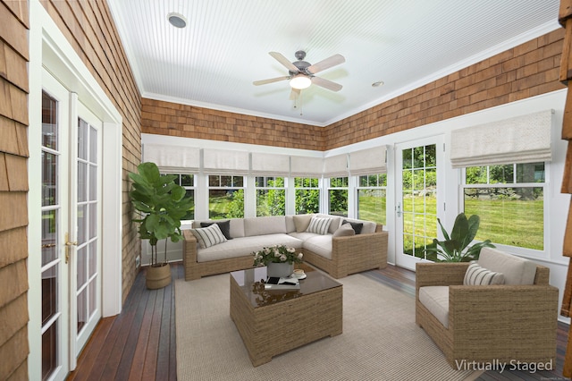 125 Nod Hill Rd, Wilton, CT 06897 - sunroom featuring french doors, a ceiling fan, hardwood / wood-style floors, an outdoor hangout area, and ornamental molding