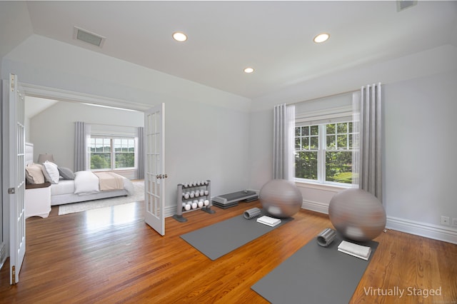 125 Nod Hill Rd, Wilton, CT 06897 - exercise area with wood finished floors and recessed lighting