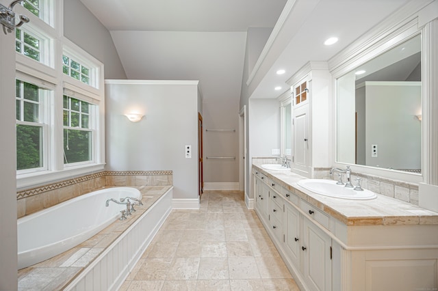125 Nod Hill Rd, Wilton, CT 06897 - full bathroom featuring double vanity, a bath, vaulted ceiling, and recessed lighting
