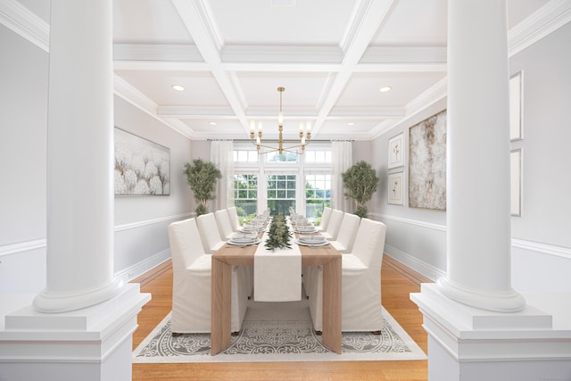 125 Nod Hill Rd, Wilton, CT 06897 - dining room featuring decorative columns, light wood finished floors, coffered ceiling, a chandelier, and beam ceiling