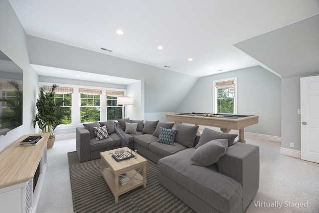 125 Nod Hill Rd, Wilton, CT 06897 - living area with billiards table, light colored carpet, recessed lighting, and lofted ceiling