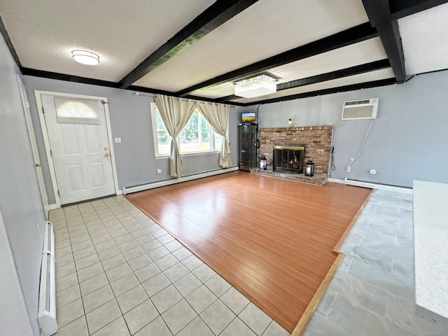 425 Scott Rd, Waterbury, CT 06705 - unfurnished living room featuring a baseboard radiator, a wall mounted air conditioner, beamed ceiling, a fireplace, and light tile patterned floors