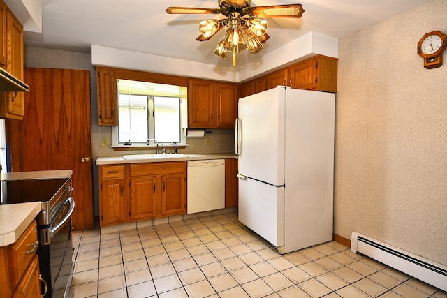 46 Millis St, Hamden, CT 06514 - kitchen with white appliances, a baseboard radiator, wallpapered walls, light countertops, and ceiling fan
