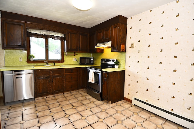 46 Millis St, Hamden, CT 06514 - kitchen featuring appliances with stainless steel finishes, under cabinet range hood, baseboard heating, light countertops, and wallpapered walls