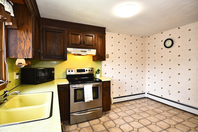 46 Millis St, Hamden, CT 06514 - kitchen featuring stainless steel electric stove, black microwave, under cabinet range hood, light countertops, and wallpapered walls