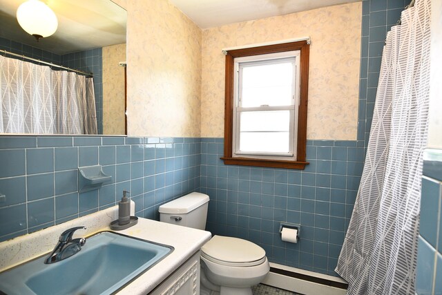46 Millis St, Hamden, CT 06514 - full bathroom with baseboard heating, tile walls, curtained shower, wallpapered walls, and a wainscoted wall