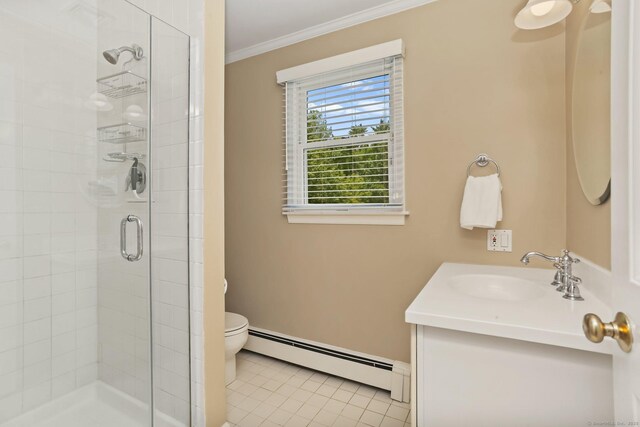 78 Kings Hwy S, Westport, CT 06880 - bathroom featuring a baseboard radiator, a shower stall, ornamental molding, vanity, and tile patterned floors