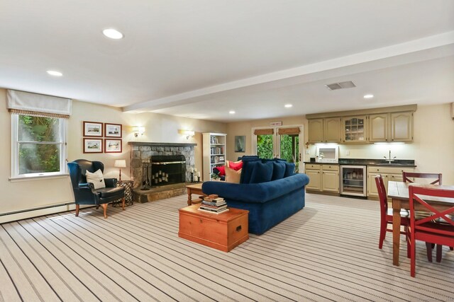 78 Kings Hwy S, Westport, CT 06880 - living room featuring wine cooler, wet bar, recessed lighting, a fireplace, and light carpet