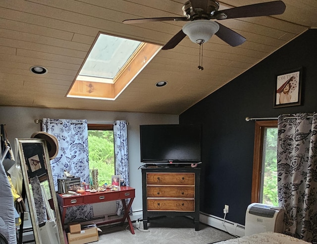33 Tanner Ave, Norwich, CT 06360 - bedroom with a baseboard radiator, a skylight, vaulted ceiling, carpet flooring, and wood ceiling