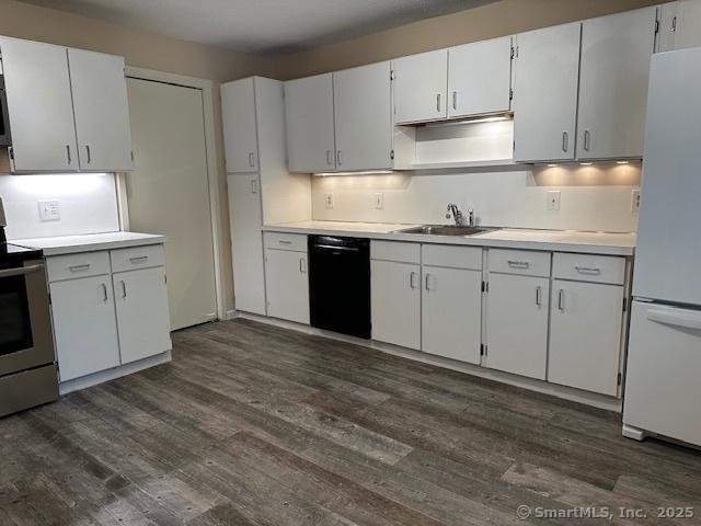 4 Heritage Crst Unit A, Southbury, CT 06488 - kitchen with dishwasher, freestanding refrigerator, stainless steel range with electric cooktop, and light countertops