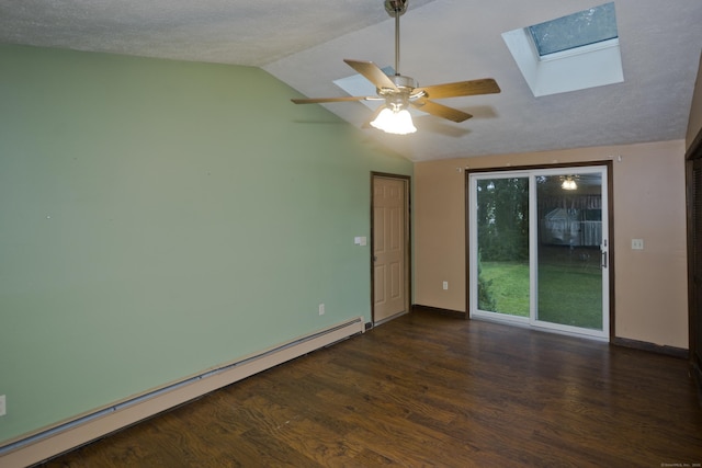 4 Birchwood Ter, Enfield, CT 06082 - unfurnished room with a baseboard heating unit, a skylight, lofted ceiling, dark wood-style floors, and ceiling fan