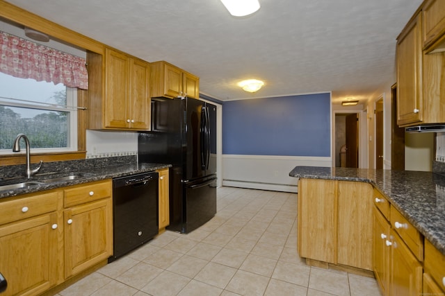 4 Birchwood Ter, Enfield, CT 06082 - kitchen featuring black appliances, baseboard heating, light tile patterned flooring, dark stone countertops, and a textured ceiling