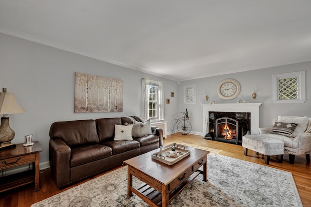 44 Durwin St, Middletown, CT 06457 - living area featuring ornamental molding, wood finished floors, and a warm lit fireplace