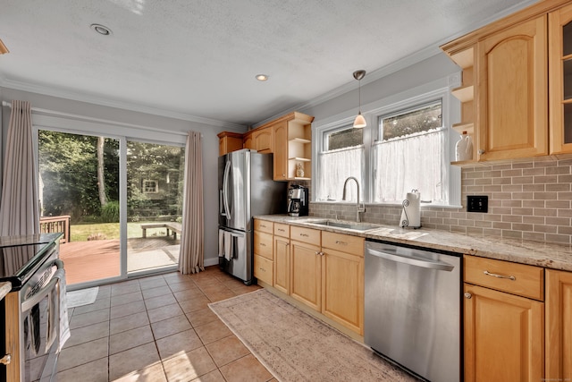 44 Durwin St, Middletown, CT 06457 - kitchen with appliances with stainless steel finishes, open shelves, light brown cabinetry, crown molding, and tasteful backsplash