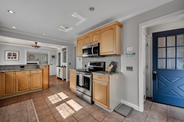 44 Durwin St, Middletown, CT 06457 - kitchen with appliances with stainless steel finishes, crown molding, decorative backsplash, light tile patterned flooring, and light brown cabinetry
