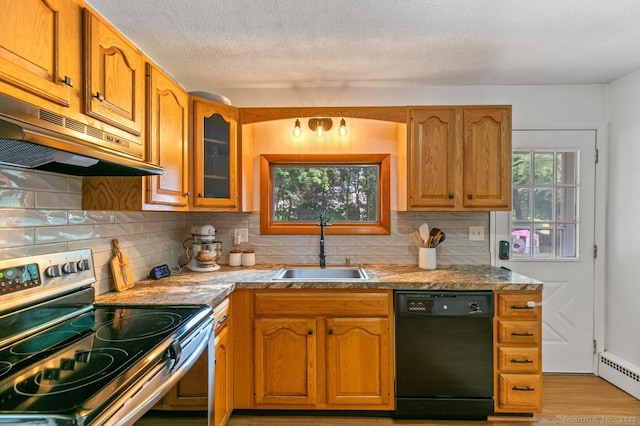 1762 Waterbury Rd, Cheshire, CT 06410 - kitchen featuring black dishwasher, electric range, under cabinet range hood, backsplash, and a baseboard radiator