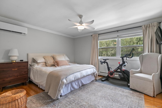 1762 Waterbury Rd, Cheshire, CT 06410 - bedroom featuring a wall unit AC, ornamental molding, wood finished floors, a baseboard radiator, and ceiling fan