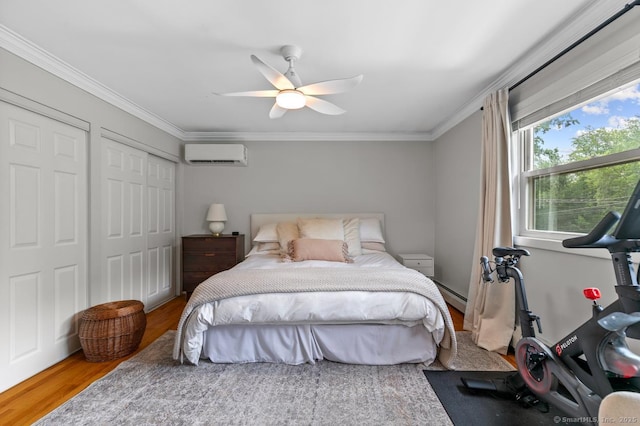 1762 Waterbury Rd, Cheshire, CT 06410 - bedroom featuring a wall unit AC, wood finished floors, crown molding, a closet, and a ceiling fan