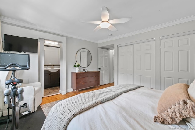 1762 Waterbury Rd, Cheshire, CT 06410 - bedroom featuring wood finished floors, ornamental molding, a closet, a ceiling fan, and connected bathroom