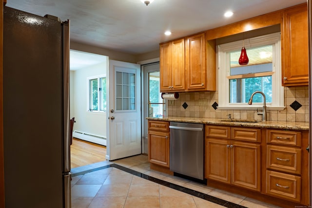76 Brookview Rd, Windsor, CT 06095 - kitchen with stainless steel appliances, a baseboard heating unit, decorative backsplash, plenty of natural light, and recessed lighting