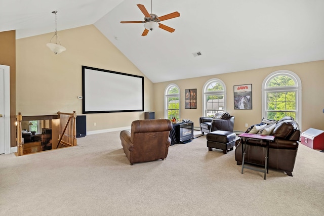 11 Acorn Dr, East Haddam, CT 06423 - carpeted home theater room featuring high vaulted ceiling, plenty of natural light, and ceiling fan