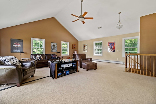 11 Acorn Dr, East Haddam, CT 06423 - living room featuring baseboard heating, carpet, a ceiling fan, and high vaulted ceiling