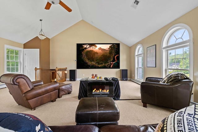11 Acorn Dr, East Haddam, CT 06423 - living area featuring carpet floors, a ceiling fan, lofted ceiling, and a baseboard heating unit