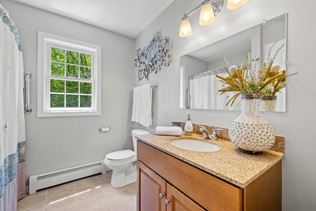 11 Acorn Dr, East Haddam, CT 06423 - bathroom with baseboard heating, vanity, tile patterned flooring, and a shower with curtain