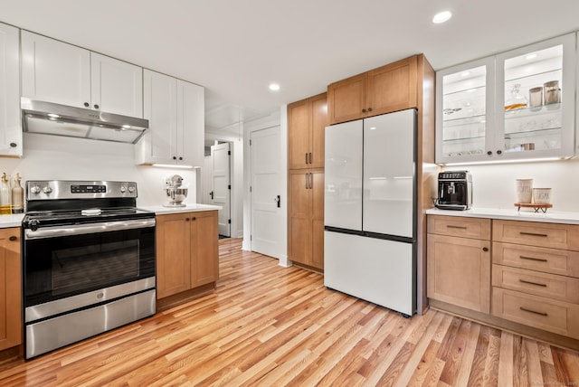 12 Warner Rd, East Haddam, CT 06423 - kitchen featuring freestanding refrigerator, stainless steel electric range, under cabinet range hood, light wood finished floors, and recessed lighting