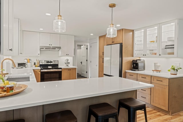 12 Warner Rd, East Haddam, CT 06423 - kitchen featuring freestanding refrigerator, electric stove, under cabinet range hood, a peninsula, and recessed lighting