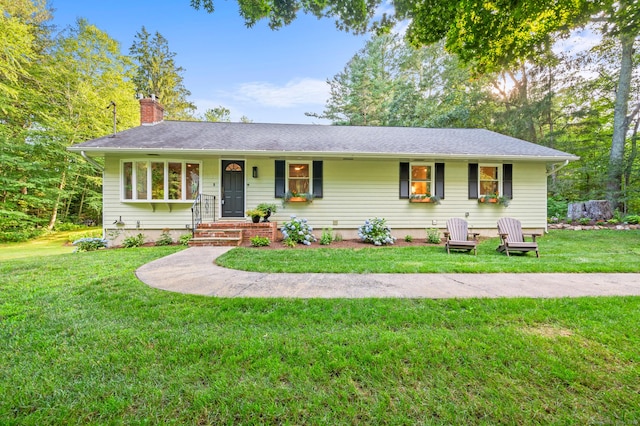 12 Warner Rd, East Haddam, CT 06423 - ranch-style home featuring a chimney and a front lawn