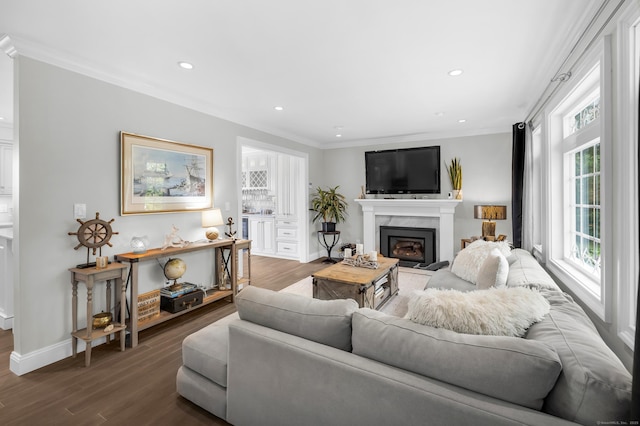 423 Whitfield St, Guilford, CT 06437 - living area featuring crown molding, wood finished floors, a glass covered fireplace, and recessed lighting