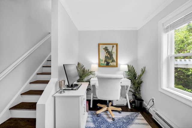 423 Whitfield St, Guilford, CT 06437 - home office featuring baseboard heating, dark wood-style flooring, and ornamental molding