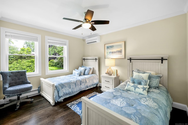423 Whitfield St, Guilford, CT 06437 - bedroom featuring crown molding, dark wood finished floors, a wall unit AC, and a ceiling fan