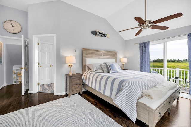 423 Whitfield St, Guilford, CT 06437 - bedroom with wood finished floors, access to outside, high vaulted ceiling, and a ceiling fan