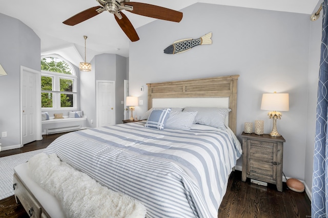 423 Whitfield St, Guilford, CT 06437 - bedroom featuring lofted ceiling, wood finished floors, a ceiling fan, and a baseboard heating unit