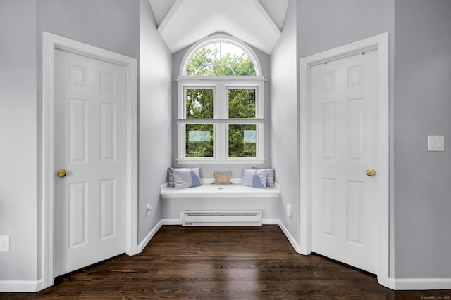 423 Whitfield St, Guilford, CT 06437 - living area featuring a baseboard radiator, dark wood-style flooring, and vaulted ceiling