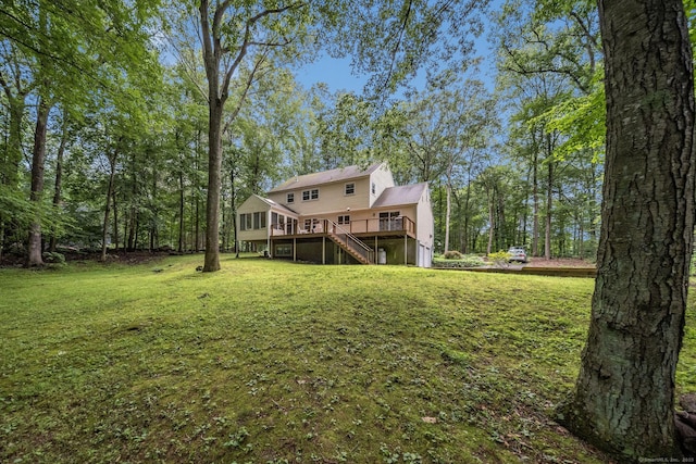 310 Opening Hill Rd, Madison, CT 06443 - back of house featuring a wooden deck, stairway, and a yard