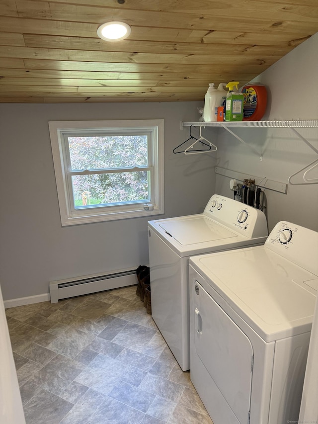 20 Greystone St, Windham, CT 06226 - laundry area with baseboard heating, wood ceiling, independent washer and dryer, recessed lighting, and light stone finish flooring
