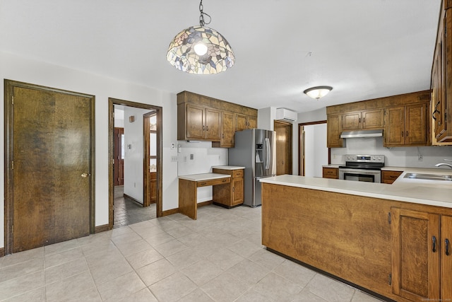 16 Eagle Ridge Dr, Ledyard, CT 06335 - kitchen featuring appliances with stainless steel finishes, under cabinet range hood, light countertops, an AC wall unit, and a peninsula