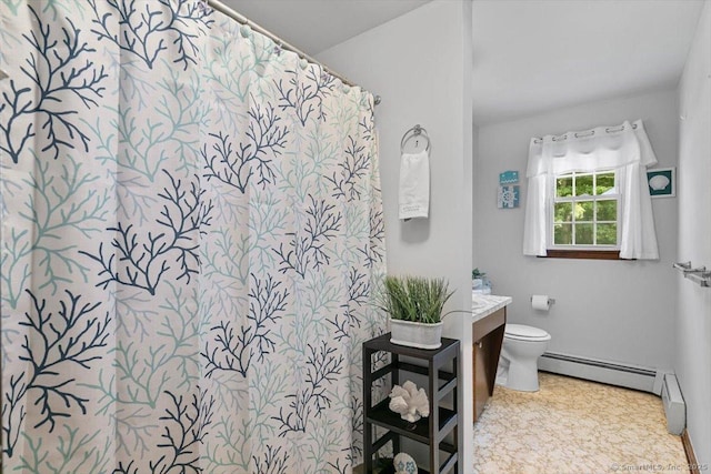 822 New Haven Ave, Milford, CT 06460 - full bath featuring vanity, a shower with curtain, and a baseboard heating unit