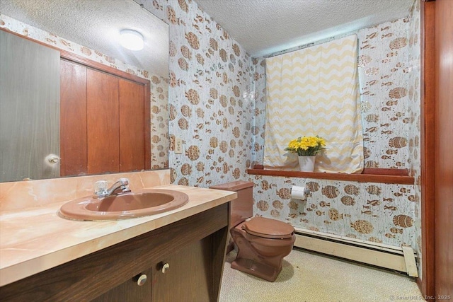 822 New Haven Ave, Milford, CT 06460 - half bath featuring wallpapered walls, a baseboard radiator, a textured ceiling, and vanity