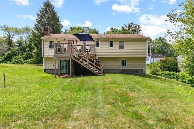 822 New Haven Ave, Milford, CT 06460 - back of house with stairs, a deck, a chimney, and a yard