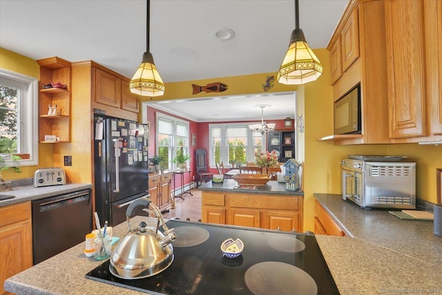 100 Adams Rd, Bloomfield, CT 06002 - kitchen with black appliances, decorative light fixtures, a chandelier, open shelves, and brown cabinets