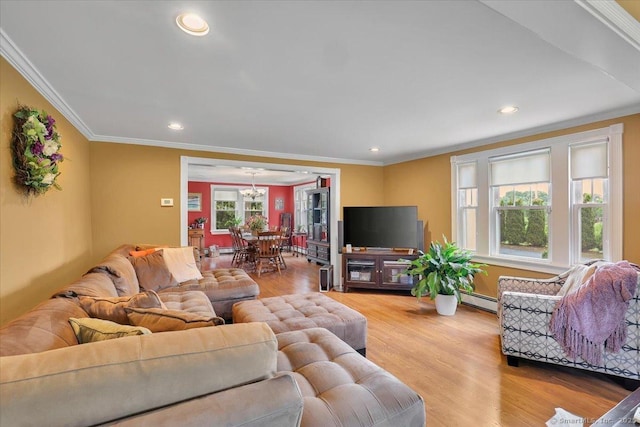 100 Adams Rd, Bloomfield, CT 06002 - living area with a baseboard heating unit, ornamental molding, recessed lighting, light wood-style floors, and a chandelier