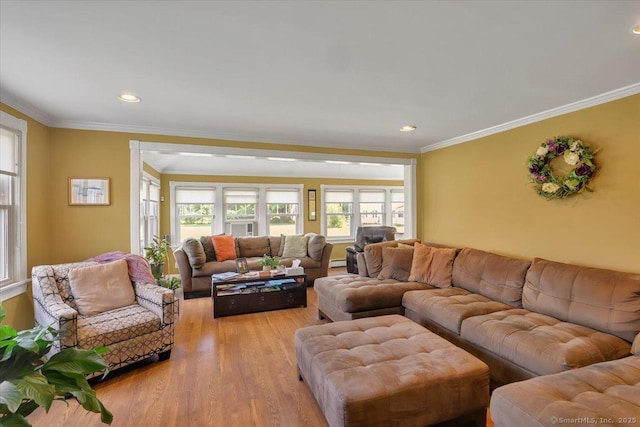 100 Adams Rd, Bloomfield, CT 06002 - living area featuring light wood-style floors, ornamental molding, recessed lighting, and a baseboard radiator