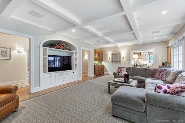 9 Tallwood Rd, Woodbridge, CT 06525 - living room with wood finished floors, beamed ceiling, coffered ceiling, recessed lighting, and built in shelves