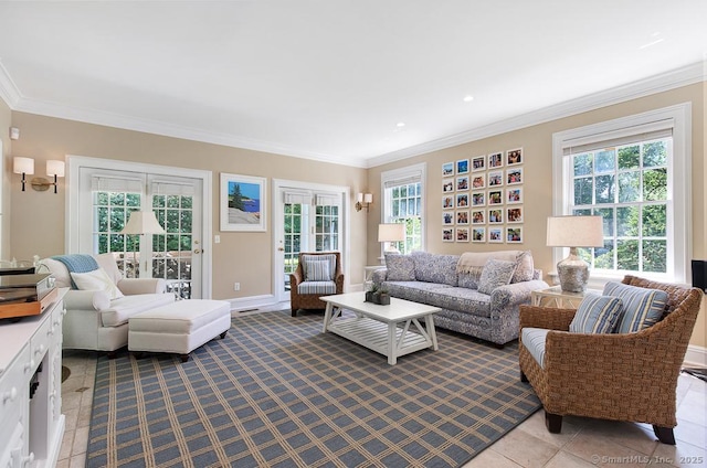 9 Tallwood Rd, Woodbridge, CT 06525 - living room with crown molding, healthy amount of natural light, and tile patterned floors