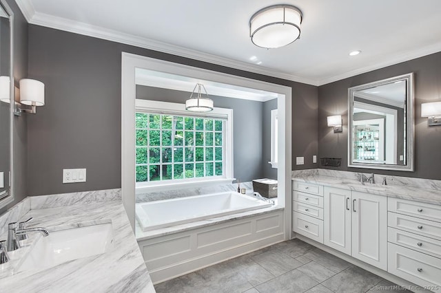 9 Tallwood Rd, Woodbridge, CT 06525 - bathroom with two vanities, a garden tub, ornamental molding, and recessed lighting