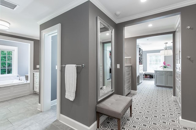 9 Tallwood Rd, Woodbridge, CT 06525 - ensuite bathroom with ornamental molding, a garden tub, vanity, and recessed lighting